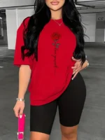 Rose Print Women's Sleeve Tops Tees Comfortable Casual Summer Fashion Summer