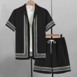2024 New Men's Summer Holiday Suit Retro Textured Printed Border Shirt Shor