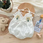 2025 Summer Charming Sleeveless Bow Tie Flower Embroidered Infant Newborn Girls - Image 2