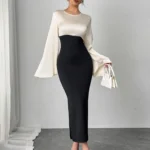 Women Maxi Dress Bell Sleeve Color Block Satin Bodycon Casual Dresses Elegant Spring