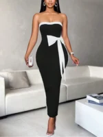 Ladies Fashion Elegant Color Block Knot Design One Shoulder Dress Stylish Gracefu - Image 6