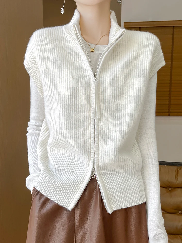 kf-S9a13a9465f7b4cee83c403e8d7aa9a8a3 New Chic Women Zippers Waistcoat Sleeveless Cardigan 100% Merino - Image 1