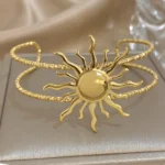Vintage Sun Totem Cuff Bangle Bracelet for Women Chunky Gold Plated Stainless