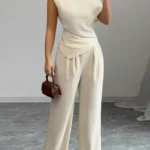 Elegant Pure Color Ladies Asymmetric Top And Wide Leg Pants 2-Piece Set for Commuting