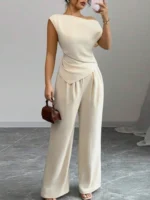 Elegant Pure Color Ladies Asymmetric Top And Wide Leg Pants 2-Piece Set for Commuting