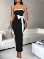 Ladies Fashion Elegant Color Block Knot Design One Shoulder Dress Stylish Gracefu - Image 2