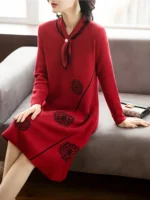 Women Red Print Knitted Cotton Long Sleeve Midi Dress Autumn Luxury Chic Sweater Dress 2024 Korean Vintage Elegant Prom Vestidos - Image 4
