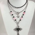3pcs Gothic Layered Star, Cross, Faux Pearl Tassel Choker Necklace