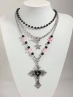 3pcs Gothic Layered Star, Cross, Faux Pearl Tassel Choker Necklace