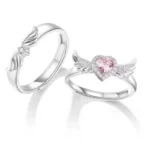 Chic Angel Wing Ring for Couple Pink Heart Cubic Zirconia Eternity Rings Romantic