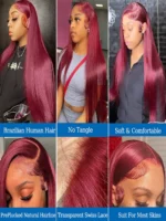 99J Burgundy Straight Wig 200% Density Remy Hair 13x6 HD Transparent Lace Frontal - Image 4