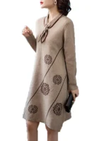 Women Red Print Knitted Cotton Long Sleeve Midi Dress Autumn Luxury Chic Sweater Dress 2024 Korean Vintage Elegant Prom Vestidos - Image 6