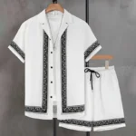2024 New Men's Summer Holiday Suit Retro Textured Printed Border Shirt Shor - Image 3