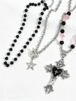 3pcs Gothic Layered Star, Cross, Faux Pearl Tassel Choker Necklace - Image 5