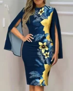 Women Round Neck Floral Print Split Flare Sleeve Bodycon Midi Dress - Image 6