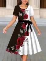 Women Floral Print A-Line Dress O Neck Short Sleeve Tie Waist Casual Midi Dress - Image 3