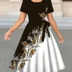 Women Floral Print A-Line Dress O Neck Short Sleeve Tie Waist Casual Midi Dress