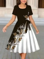 Women Floral Print A-Line Dress O Neck Short Sleeve Tie Waist Casual Midi Dress