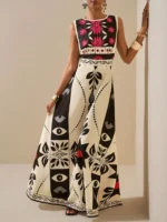 Elegant Red Floral Tribal Sleeveless Dress High Waist A Line Maxi Gown Outfits - Image 5