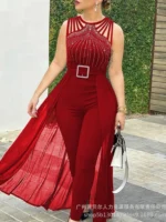 Summer Sleeveless Lace Up Women's Elegant Long Jumpsuit Fashion Hot Drill - Image 2