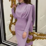 Fashionable Elegant Pure Color Long Sleeve Wrap Waist Dress - Image 3