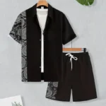 2024 New Men's Summer Holiday Suit Retro Textured Printed Border Shirt Shor - Image 4