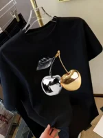 Golden Cherry Print Women Short Sleeve T-Shirt Stylish Casual Tee a Sense of Elegance - Image 5