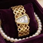 YaLaLuSi Unique Asymmetrical Triangle Gold Ladies Watch White Dial Hollow Interlocked Chain Bracelet