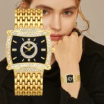 YaLaLuSi Tonneau Square Full Rhinestone Women Watch Black Dial Double Halo Crystal Bezel
