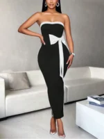 Ladies Fashion Elegant Color Block Knot Design One Shoulder Dress Stylish Gracefu - Image 4