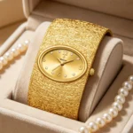 YaLaLuSi Textured Wide Gold Cuff Bangle Women Watch Oval Dial Crystal Index