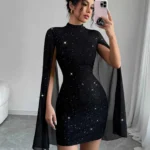 Women's Sparkly Print Turtleneck Lantern Sleeve Bodycon Mini Party Dress