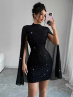 Women's Sparkly Print Turtleneck Lantern Sleeve Bodycon Mini Party Dress