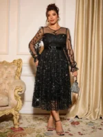 Sophisticated Dinner Dress with Sheer Sleeves - Image 3