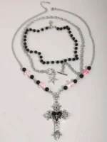 3pcs Gothic Layered Star, Cross, Faux Pearl Tassel Choker Necklace - Image 4