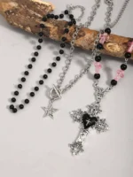 3pcs Gothic Layered Star, Cross, Faux Pearl Tassel Choker Necklace - Image 3