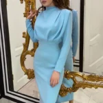 Fashionable Elegant Pure Color Long Sleeve Wrap Waist Dress