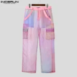 INCERUN 2025 Men Pants Mesh Gradient Button Oversize Pockets Straight Trousers Men - Image 3