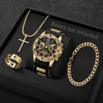 4PCS Fashion Arabic Dial Men Business Quartz Watch CasuSilicone Strap Wristwatch