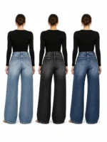 Women High Waist Wide Leg Jeans, Side Cutout Eyelet Rivet Denim Pants Loose Fit Hollow - Image 2