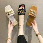 Wide Fit Slip-On Metal Chain Decor Slides For Women, Breathable Open-Toe Summer - Image 5