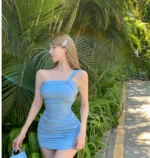 Summer women's sexy one-shoulder pleated slim dress - Image 5