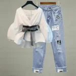 Women Elegant V-Neck Stripe Lantern Sleeve Bow Belt Trend Slim Chiffon Shirt Top