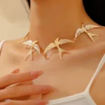 Hiphop Punk Gold Color Little Swallow Necklace for Women Exaggerated Splicing Chain - Image 2