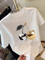 Golden Cherry Print Women Short Sleeve T-Shirt Stylish Casual Tee a Sense of Elegance - Image 6
