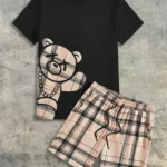 2026 Summer Men's Short-Sleeved Shorts Set with Bear Print Breathable Lightweight