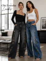 Women High Waist Wide Leg Jeans, Side Cutout Eyelet Rivet Denim Pants Loose Fit Hollow - Image 4