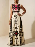 Elegant Red Floral Tribal Sleeveless Dress High Waist A Line Maxi Gown Outfits - Image 6