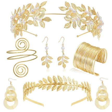 FTCY Vintage Greek Jewelry Set for Women Gold Color Bracelets Earrings Headwear