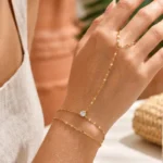 Stainless Steel Hand Chain Ring Bracelet for Women, Adjustable Gold Plated Double